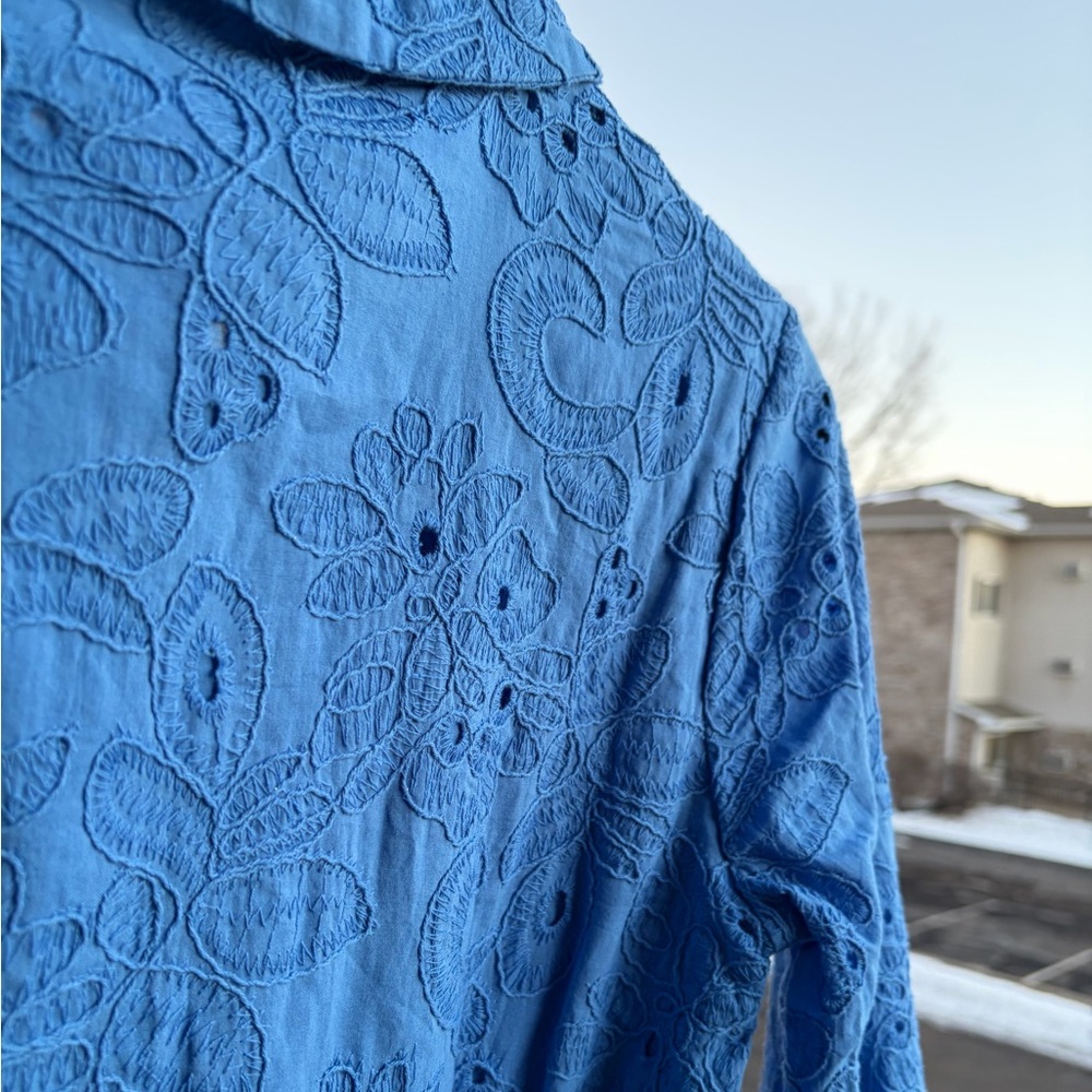 🆕 Tahari Spring Blue Embroidered Shirt Dress XS Belted Button Front Midi Cotton - Picture 13 of 17